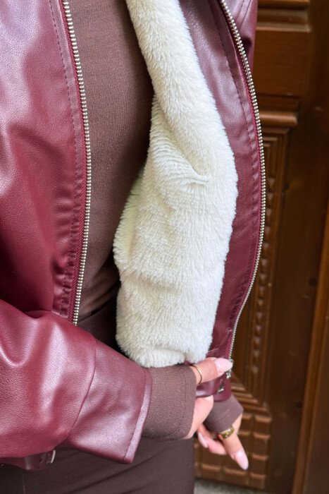 ONE COLOR LEATHER FLUFFY WOMAN JACKET BURGUNDY/VISHNJE - 3