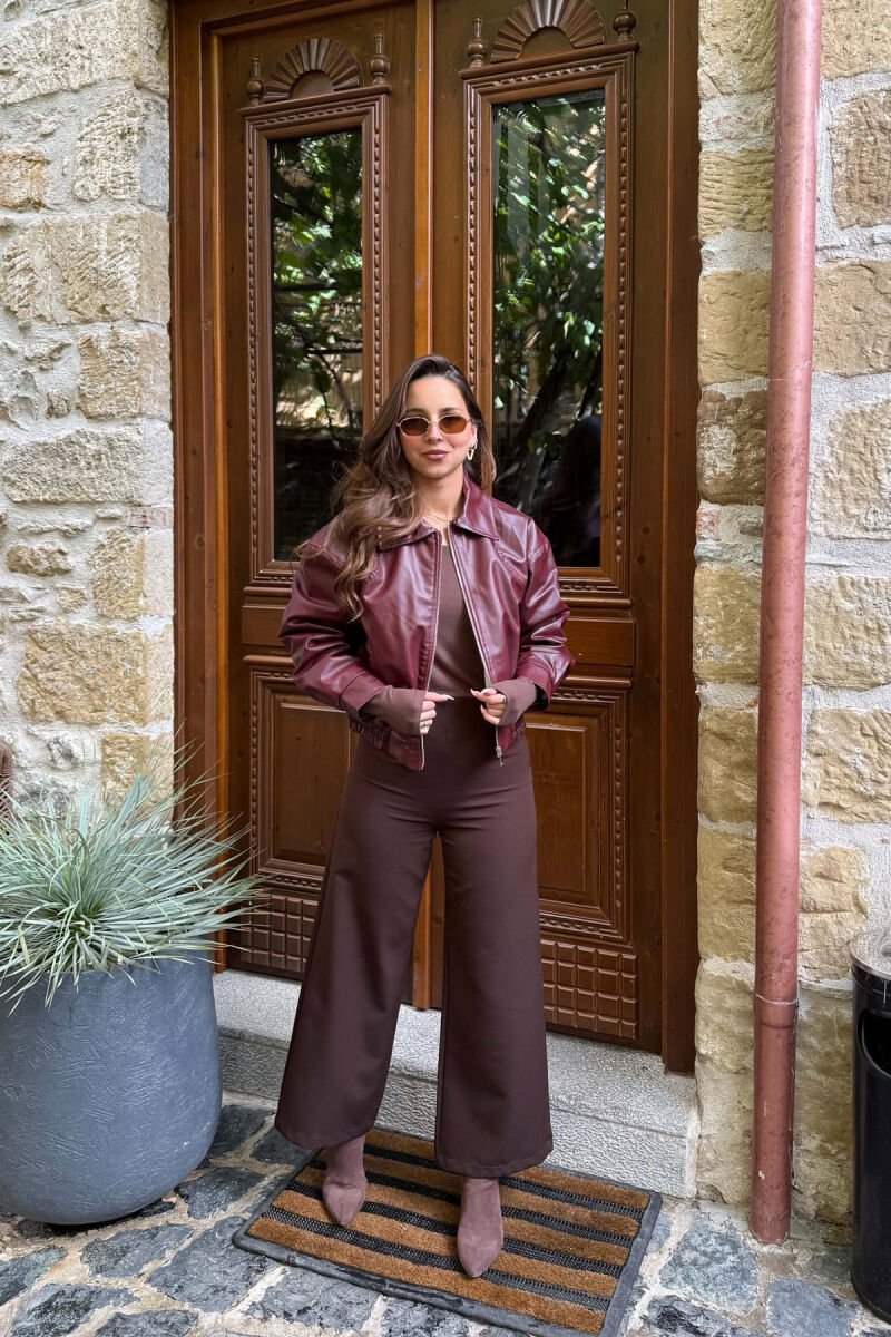 ONE COLOR LEATHER FLUFFY WOMAN JACKET BURGUNDY/VISHNJE - 5