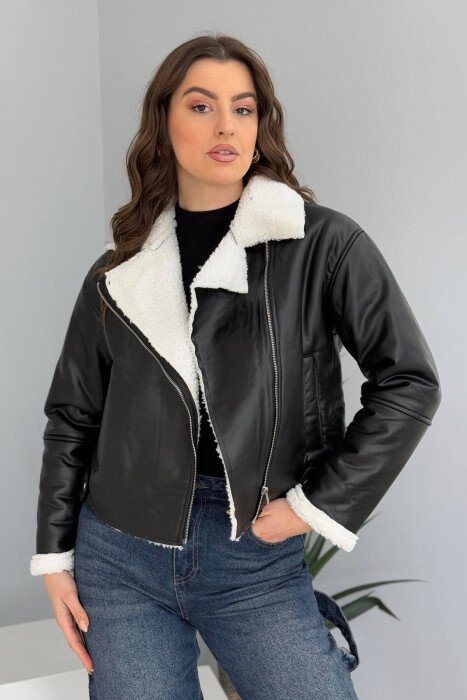 ONE COLOR LEATHER FLUFFY WOMEN JACKET BLACK-WHITE/ZB - KLAUDIO FASHION