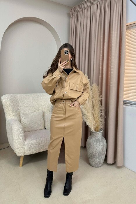 ONE COLOR LEATHER JACKET+ SKIRT WOMEN SET BEIGE/BEZHE - KLAUDIO FASHION