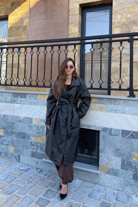 ONE COLOR LEATHER LACING BELT WOMEN TRENCH COAT BLACK/ E ZEZE - KLAUDIO FASHION