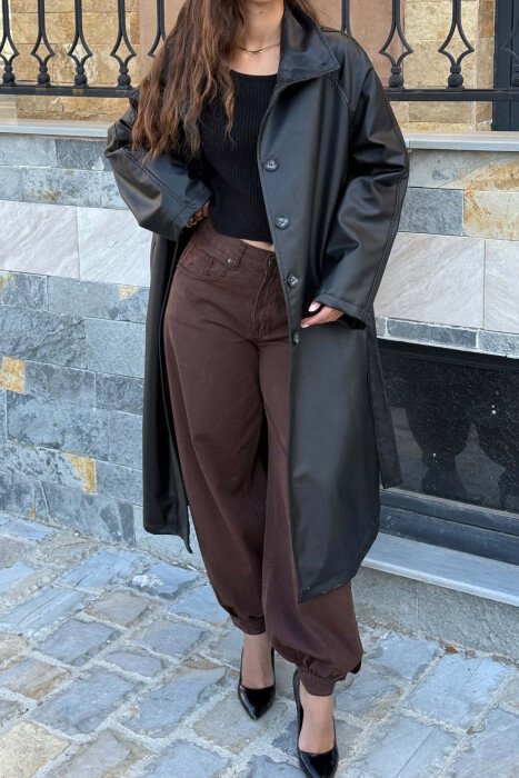 ONE COLOR LEATHER LACING BELT WOMEN TRENCH COAT BLACK/ E ZEZE - 3