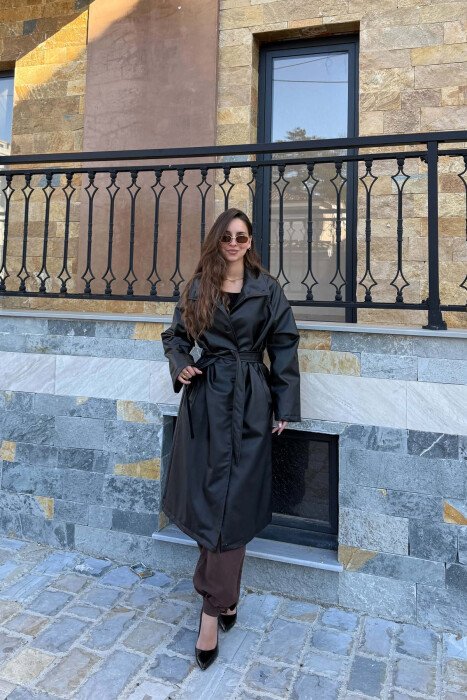 ONE COLOR LEATHER LACING BELT WOMEN TRENCH COAT BLACK/ E ZEZE - 4