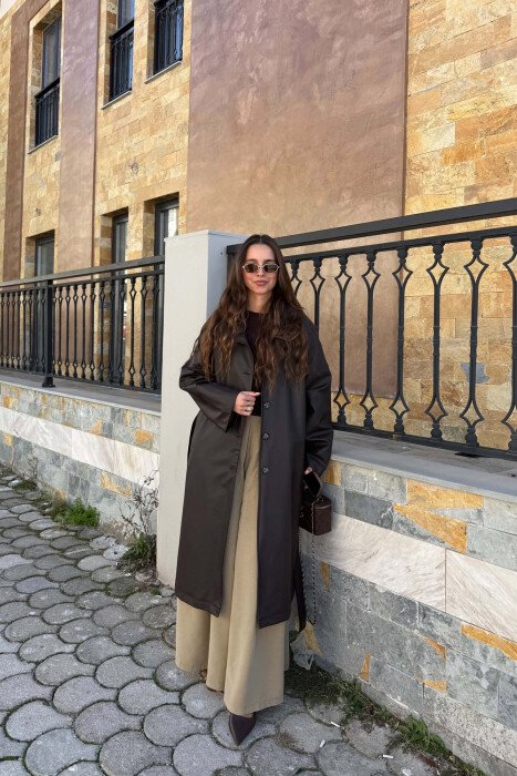 ONE COLOR LEATHER LACING BELT WOMEN TRENCH COAT BROWN/KAFE - KLAUDIO FASHION