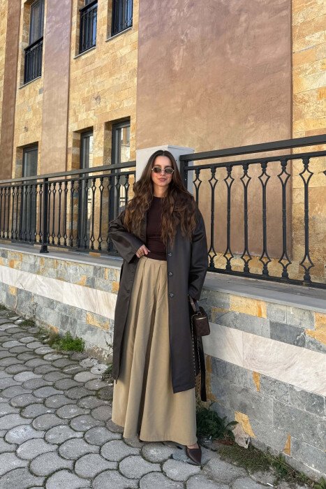 ONE COLOR LEATHER LACING BELT WOMEN TRENCH COAT BROWN/KAFE - 2
