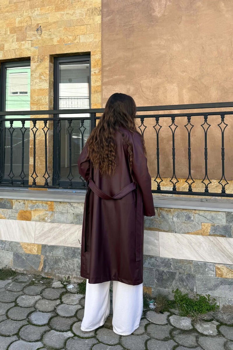 ONE COLOR LEATHER LACING BELT WOMEN TRENCH COAT BURGUNDY/VISHNJE - 2