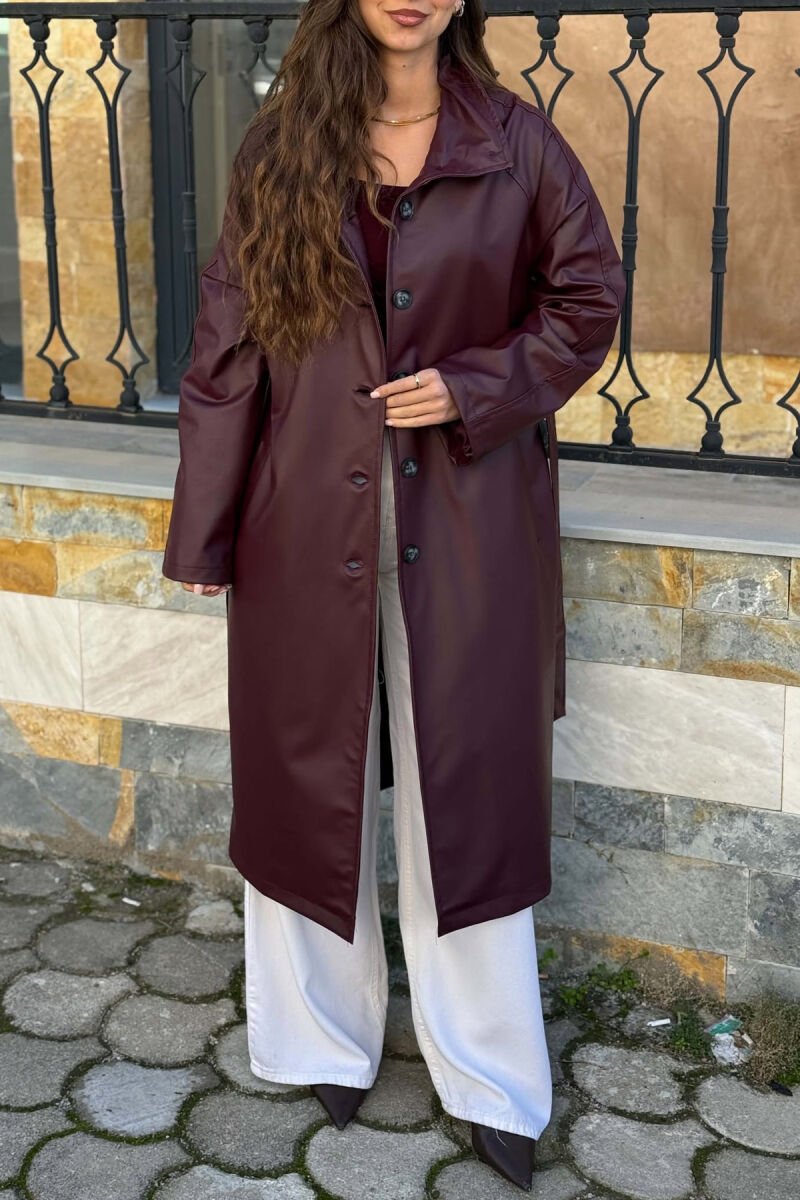 ONE COLOR LEATHER LACING BELT WOMEN TRENCH COAT BURGUNDY/VISHNJE - 5