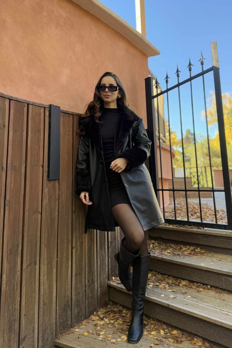 ONE COLOR LEATHER LACING DETAIL WOMEN JACKET BLACK/ E ZEZE - 1
