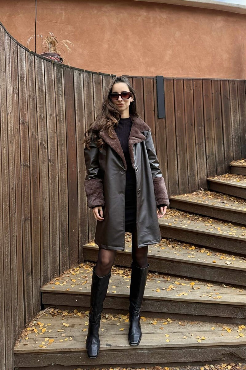 ONE COLOR LEATHER LACING DETAIL WOMEN JACKET BROWN/KAFE - 1
