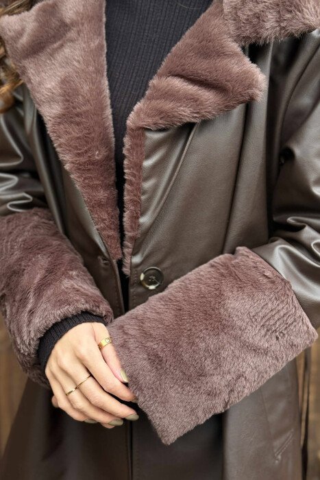 ONE COLOR LEATHER LACING DETAIL WOMEN JACKET BROWN/KAFE - 2