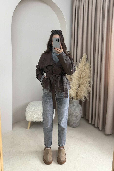 ONE COLOR LEATHER LACING WOMEN JACKET BROWN/KAFE 