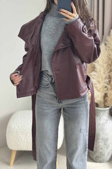 ONE COLOR LEATHER LACING WOMEN JACKET BURGUNDY/VISHNJE - 4