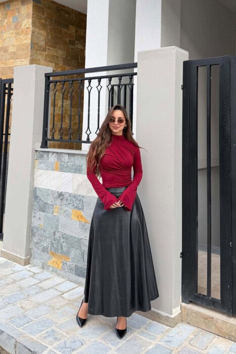 ONE COLOR LEATHER LONG WOMAN SKIRT BLACK/ E ZEZE - KLAUDIO FASHION