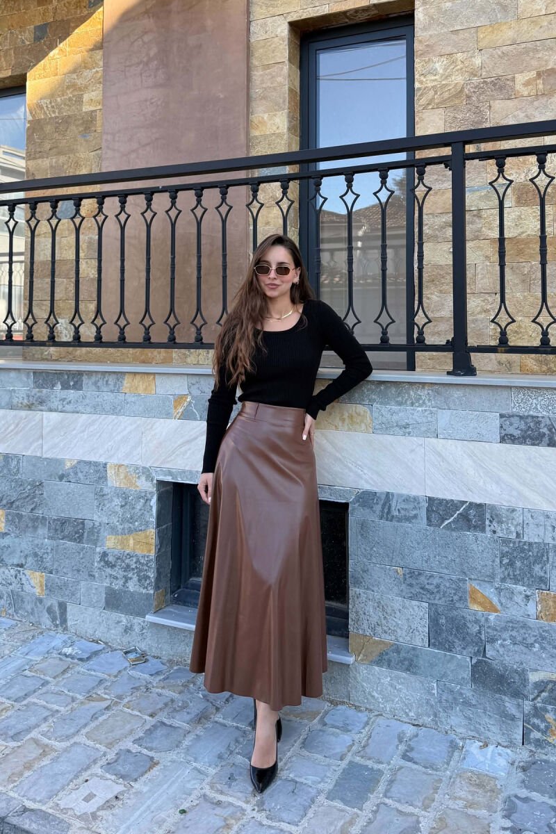 ONE COLOR LEATHER LONG WOMAN SKIRT BROWN/KAFE - 1