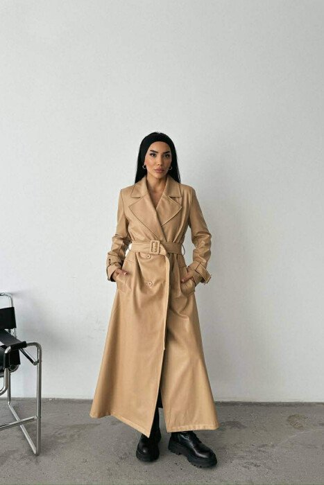 ONE COLOR LEATHER LONG WOMEN TRENCH COAT BEIGE/BEZHE - KLAUDIO FASHION