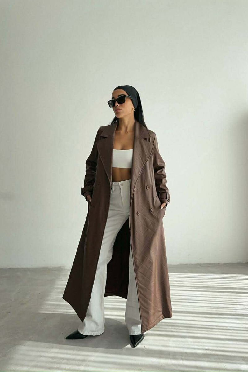 ONE COLOR LEATHER LONG WOMEN TRENCH COAT BROWN/KAFE - 6