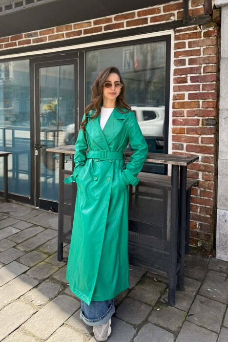 ONE COLOR LEATHER LONG WOMEN TRENCH COAT GREEN/JESHILE - KLAUDIO FASHION