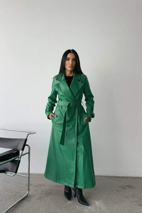 ONE COLOR LEATHER LONG WOMEN TRENCH COAT GREEN/JESHILE - 1