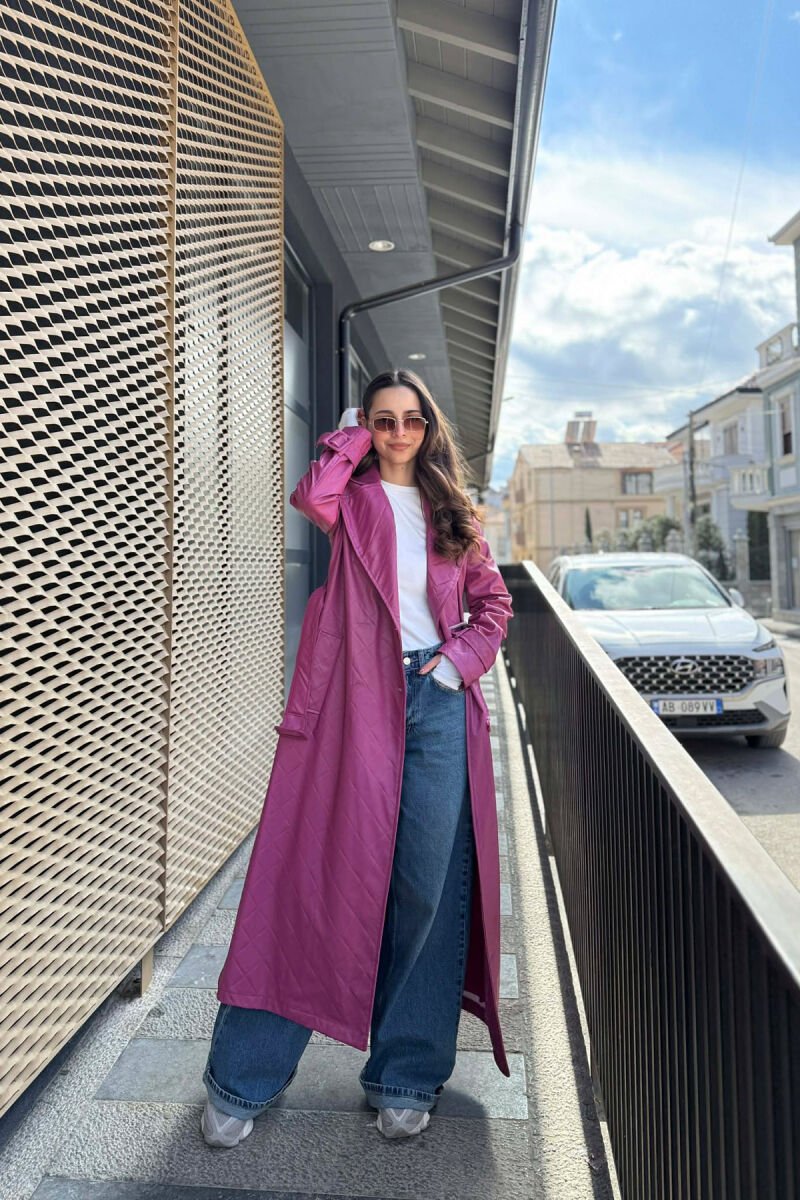 ONE COLOR LEATHER LONG WOMEN TRENCH COAT PURPLE/LEJLA - 5