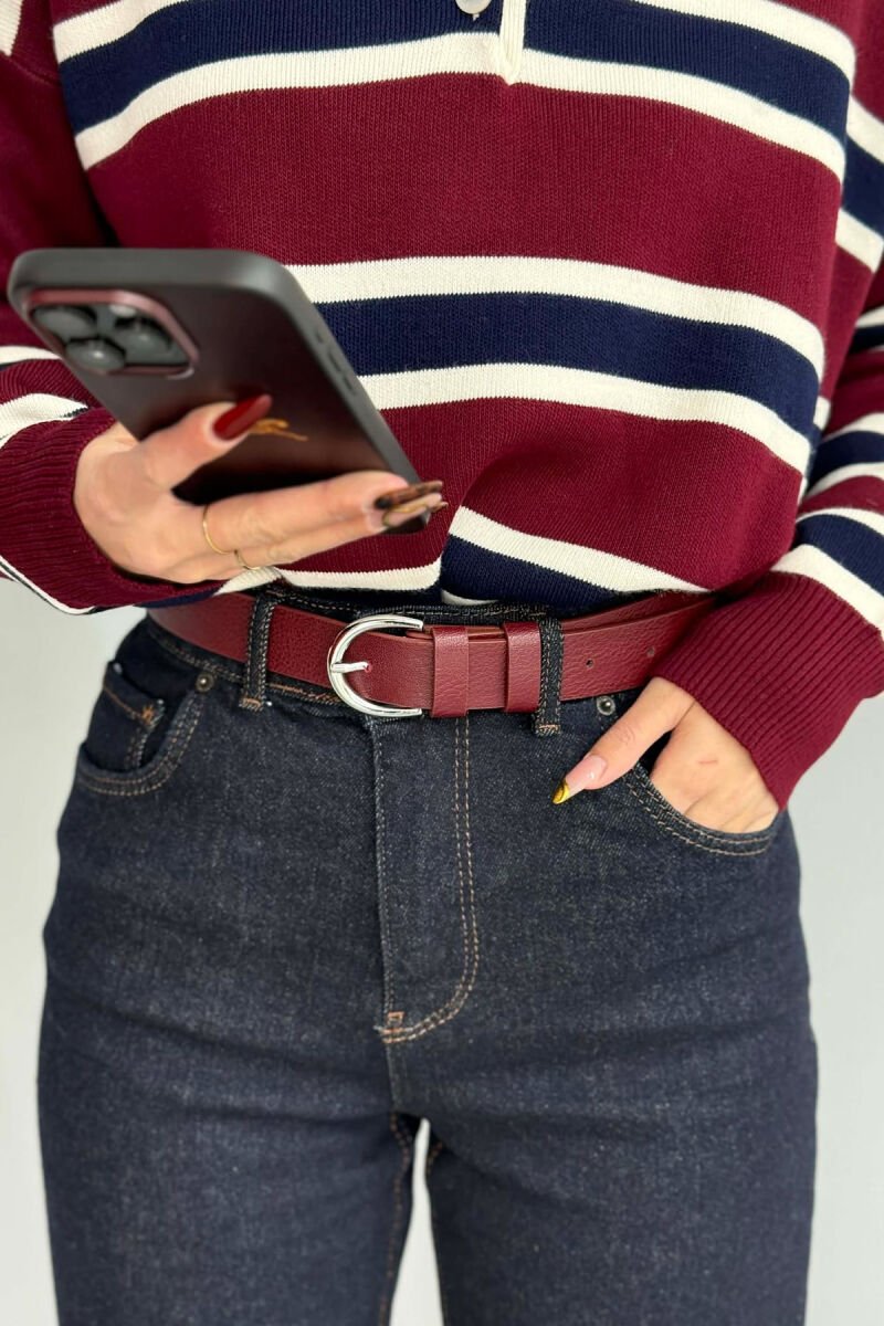 ONE COLOR LEATHER SIMPLE BUCKLE WOMEN BELT BURGUNDY/VISHNJE - 1