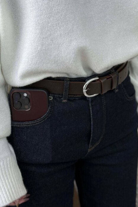 ONE COLOR LEATHER SIMPLE BUCKLE WOMEN BELT DARK BROWN/KAE - KLAUDIO FASHION