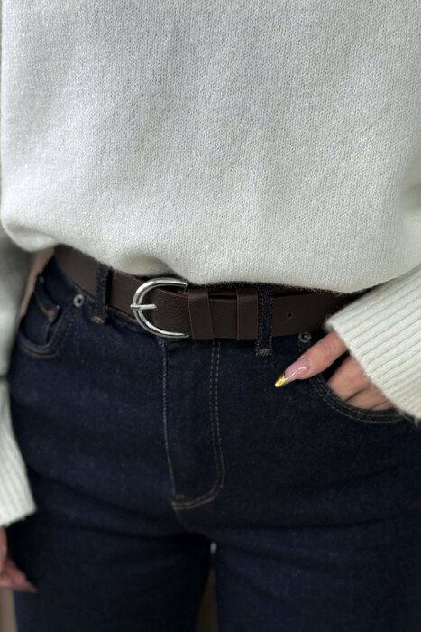 ONE COLOR LEATHER SIMPLE BUCKLE WOMEN BELT DARK BROWN/KAE - 2