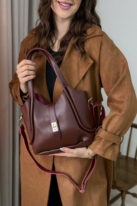 ONE COLOR LEATHER SIMPLE WOMEN BAG BURGUNDY/VISHNJE - 3