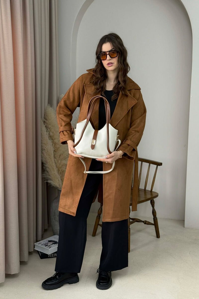 ONE COLOR LEATHER SIMPLE WOMEN BAG CREAM-BROWN/KRKA - 2