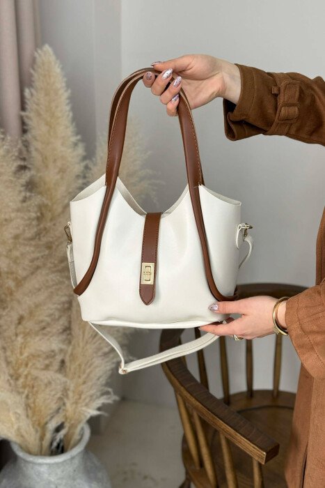 ONE COLOR LEATHER SIMPLE WOMEN BAG CREAM-BROWN/KRKA - 4