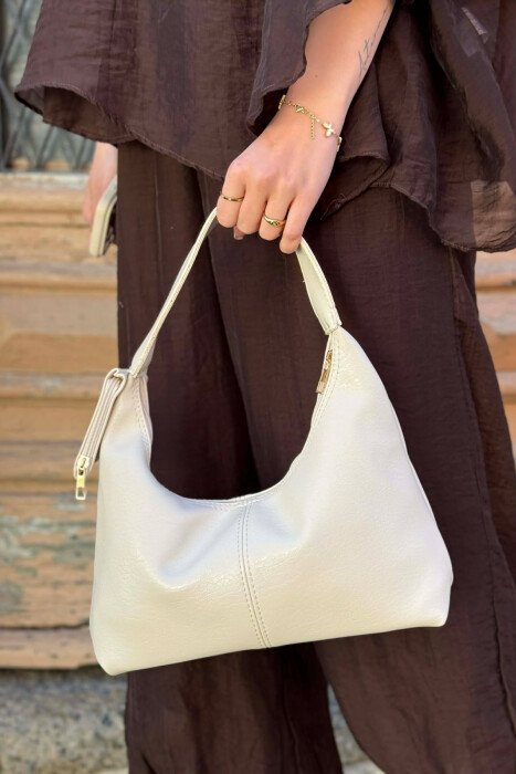 ONE COLOR LEATHER SIMPLE WOMEN BAG CREAM/KREM - 3