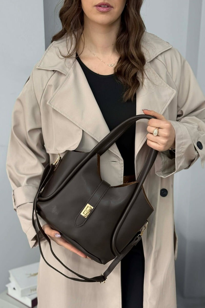 ONE COLOR LEATHER SIMPLE WOMEN BAG DARK BROWN/KAE - 1