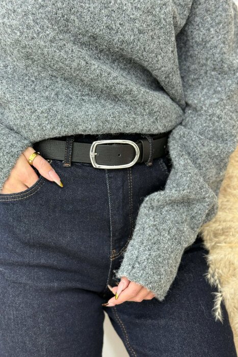 ONE COLOR LEATHER SIMPLE WOMEN BELT BLACK+SILVER/ZEZE+ARGJEND - KLAUDIO FASHION