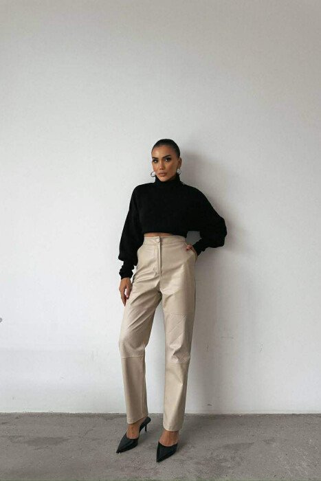 ONE COLOR LEATHER SIMPLE WOMEN TROUSERS BEIGE/BEZHE - 2