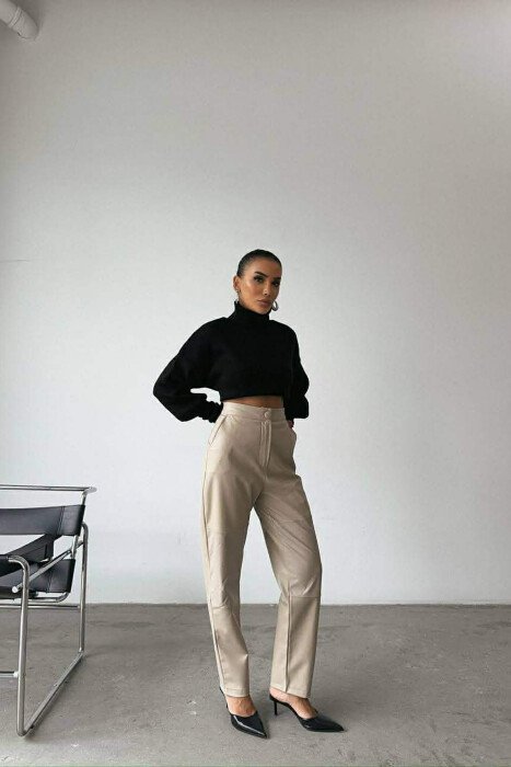 ONE COLOR LEATHER SIMPLE WOMEN TROUSERS BEIGE/BEZHE - 3