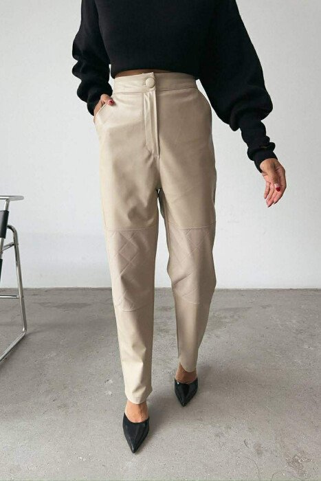 ONE COLOR LEATHER SIMPLE WOMEN TROUSERS BEIGE/BEZHE - 1