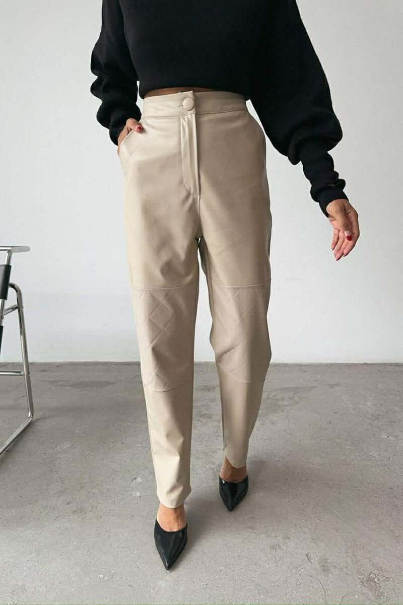 ONE COLOR LEATHER SIMPLE WOMEN TROUSERS BEIGE/BEZHE - 1