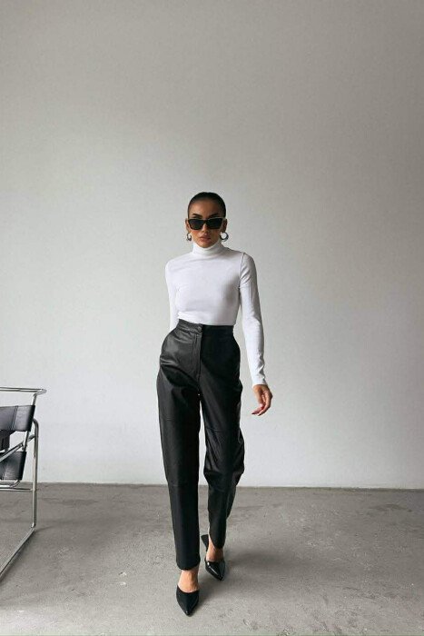 ONE COLOR LEATHER SIMPLE WOMEN TROUSERS BLACK/ E ZEZE - 2
