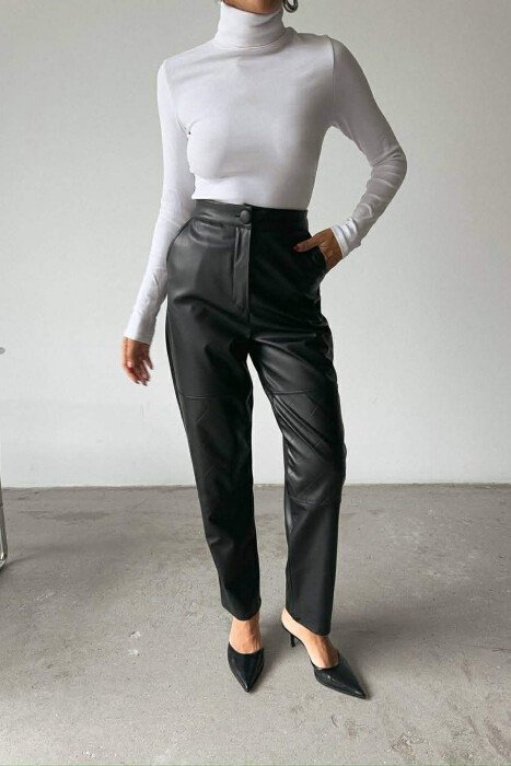 ONE COLOR LEATHER SIMPLE WOMEN TROUSERS BLACK/ E ZEZE - 1