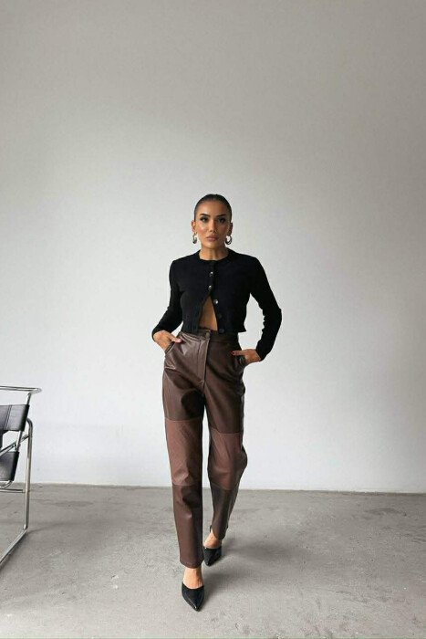 ONE COLOR LEATHER SIMPLE WOMEN TROUSERS BROWN/KAFE - 2