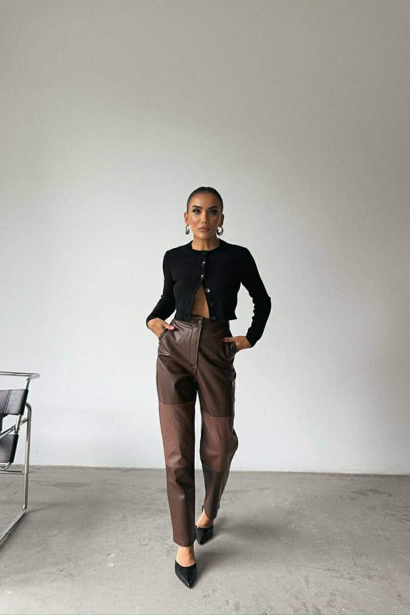 ONE COLOR LEATHER SIMPLE WOMEN TROUSERS BROWN/KAFE - 2