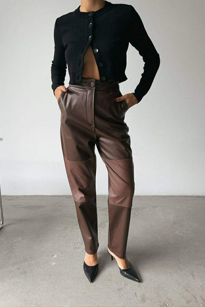 ONE COLOR LEATHER SIMPLE WOMEN TROUSERS BROWN/KAFE - 1
