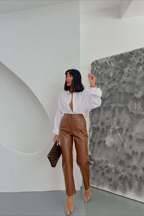 ONE COLOR LEATHER SIMPLE WOMEN TROUSERS BROWN/KAFE 