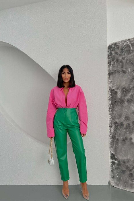 ONE COLOR LEATHER SIMPLE WOMEN TROUSERS GREEN/JESHILE - 2