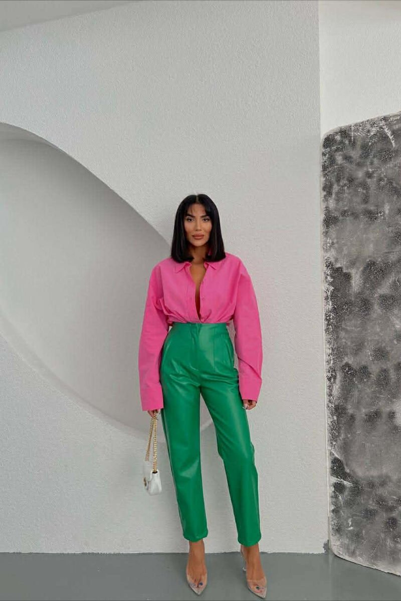 ONE COLOR LEATHER SIMPLE WOMEN TROUSERS GREEN/JESHILE - 2