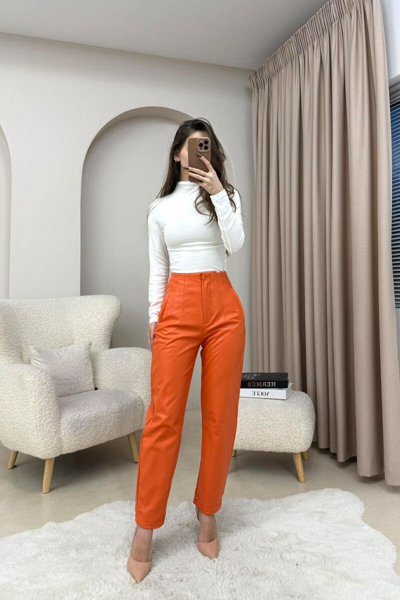 ONE COLOR LEATHER SIMPLE WOMEN TROUSERS ORANGE/PORTOKALLI - 2