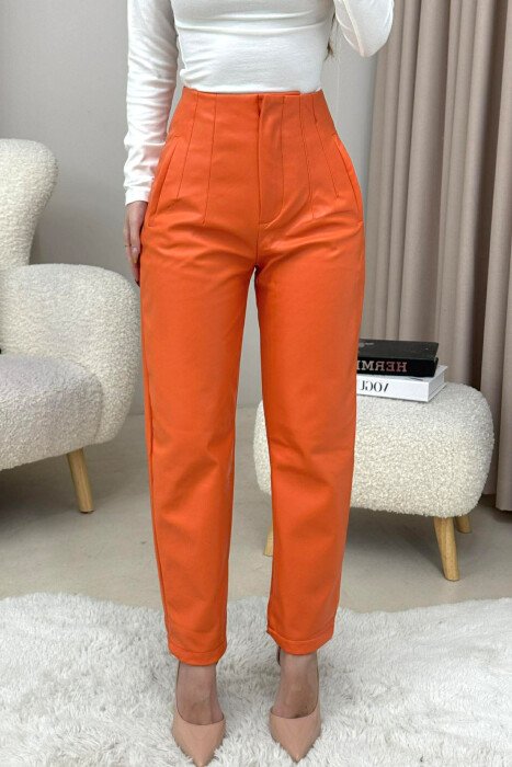 ONE COLOR LEATHER SIMPLE WOMEN TROUSERS ORANGE/PORTOKALLI - 1