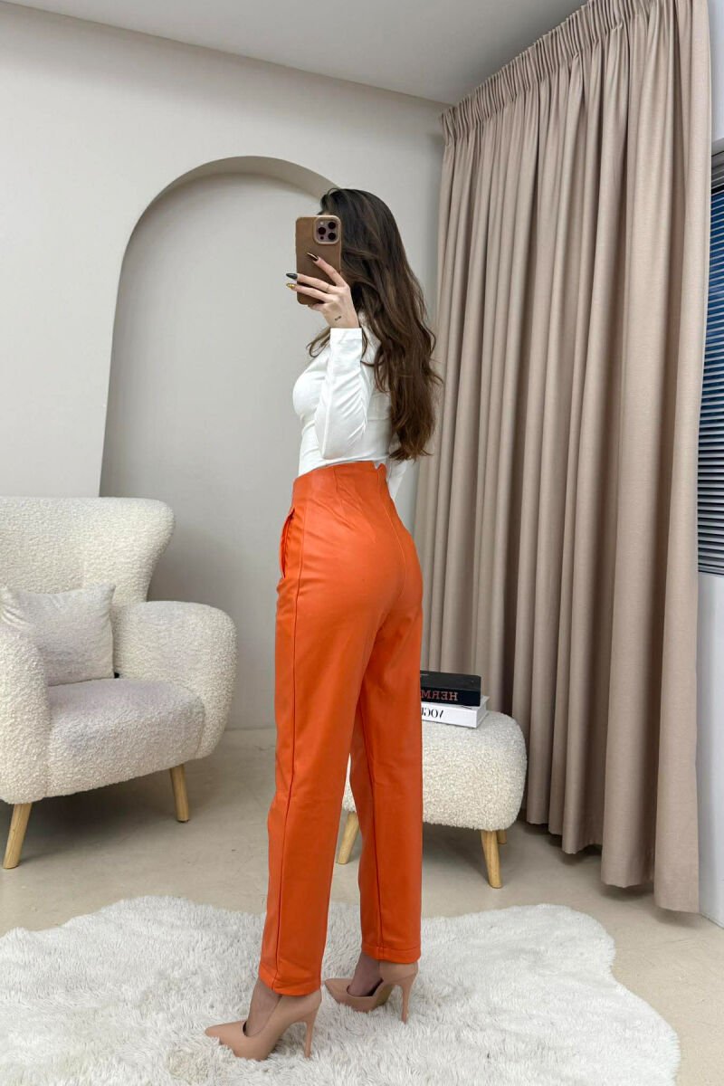 ONE COLOR LEATHER SIMPLE WOMEN TROUSERS ORANGE/PORTOKALLI - 4
