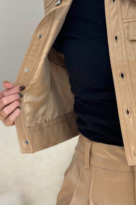 ONE COLOR LEATHER VEST+TROUSERS WOMEN SET BEIGE/BEZHE - 4