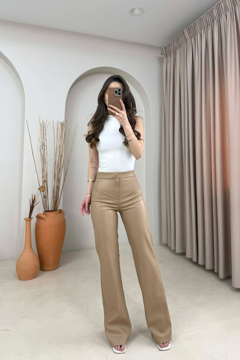 ONE COLOR LEATHER WIDE LEG WOMEN TROUSERS BEIGE/BEZHE - 2
