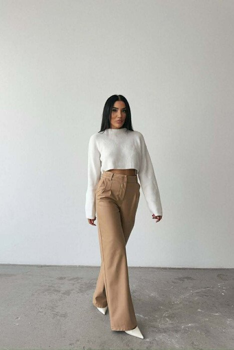 ONE COLOR LEATHER WIDE LEG WOMEN TROUSERS BEIGE/BEZHE - 4